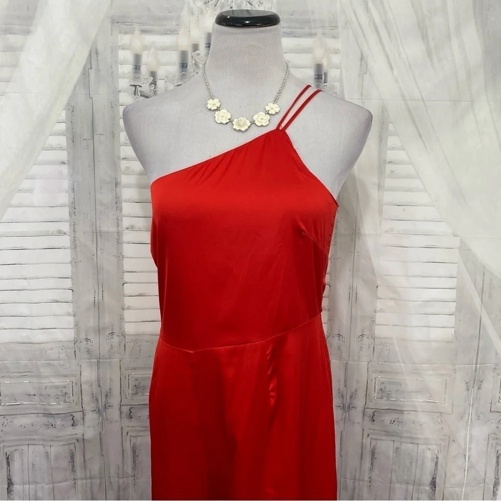 sugar + lips Medium Solid Red Satin One Shoulder Jumpsuit Sleeveless Cocktail - Picture 3 of 6